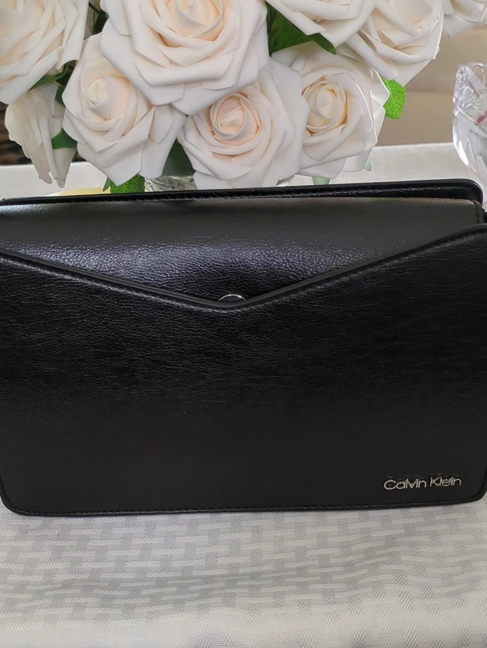 Calvin Klein Black Leather Envelope Clutch with Silver Logo